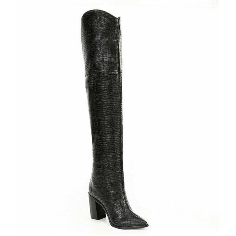 SCHUTZ Anaisha Over the Knee Black Croc Block Heel Pointed Toe Boot | SZ 7.5M
